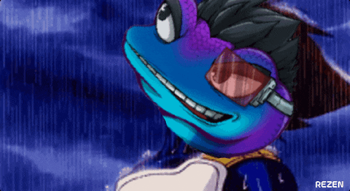 a blue and purple lizard wearing goggles with the word rezen on the bottom right