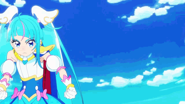 a blue and white anime character with a blue sky in the background