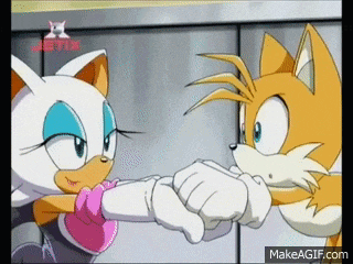 rouge the bat and tails the fox from sonic the hedgehog are holding hands .