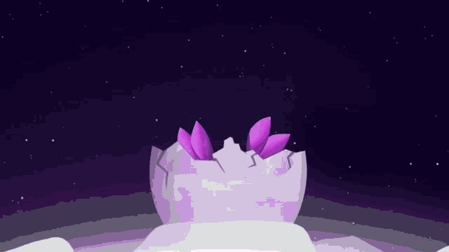a cartoon illustration of a broken egg with purple petals coming out of it
