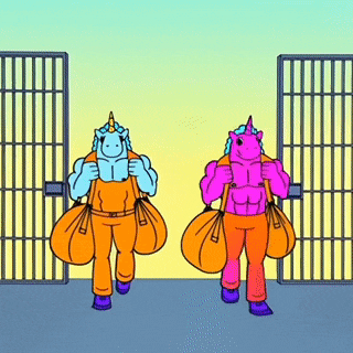 two unicorns are walking through a jail cell with bags .