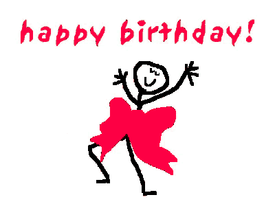 a stick figure wearing a pink bow and the words happy birthday