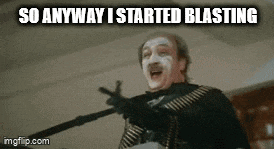 a man with white paint on his face is holding a gun .