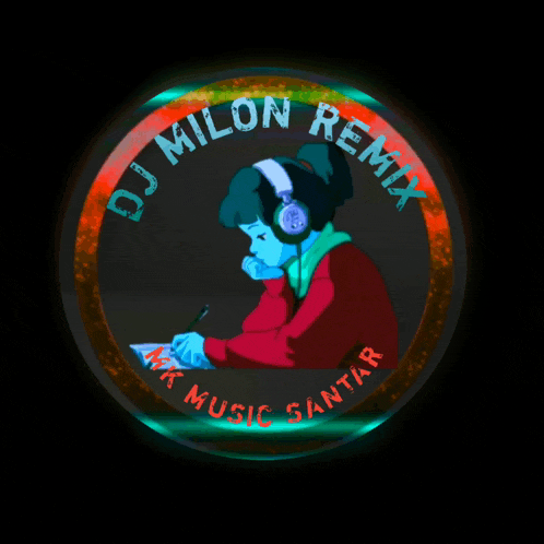 a logo for dj milon remix with a person wearing headphones