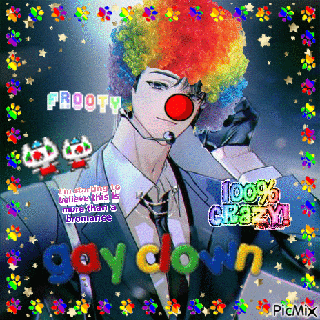 a picture of a man dressed as a clown with the words " gay clown " in the corner