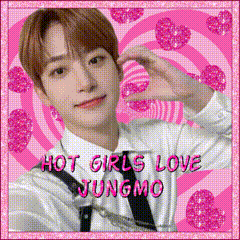 a picture of a young man making a heart with his hands with the words hot girls love jungmo on the bottom