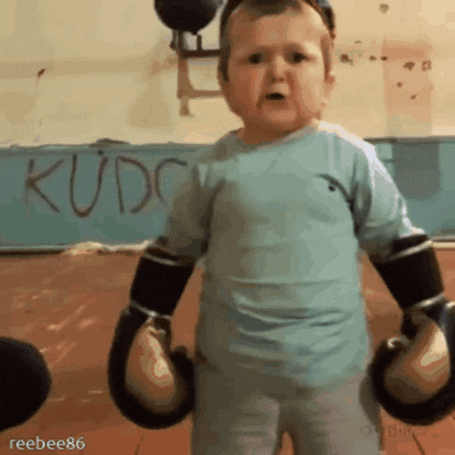 a little boy wearing boxing gloves is standing in front of a wall that says kudc