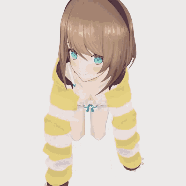 a cartoon girl with brown hair and striped pants