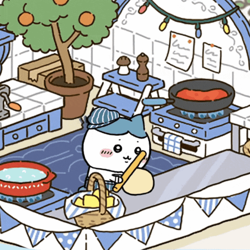 a cartoon drawing of a cat in a kitchen holding a basket