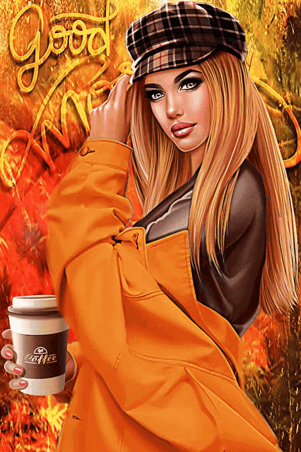 a woman in a plaid hat is holding a cup of coffee with the word coffee on it