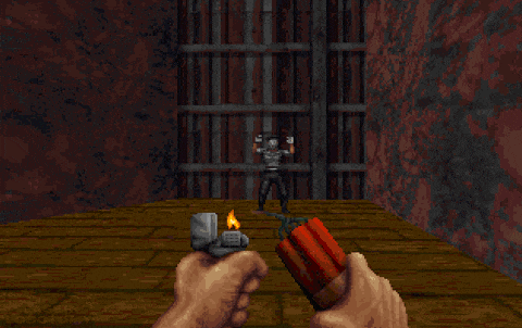 a person is holding a dynamite in front of an exploding bomb