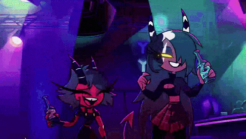 two cartoon characters are standing next to each other in a dark room holding bottles .