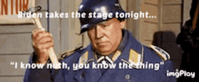 a man in a military uniform is holding a hammer and saying " biden takes the stage tonight "