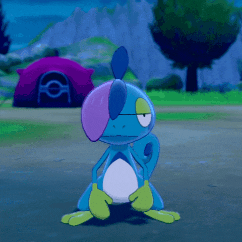 a cartoon character with a purple and blue head is standing in front of a pink tent