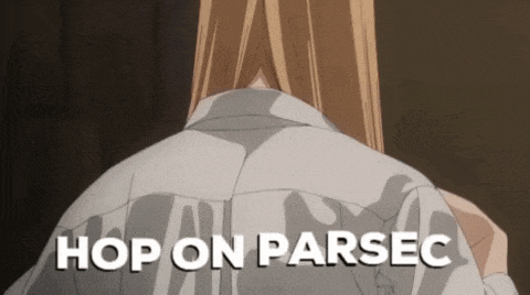 a woman 's back is shown with the words hop on parsec written on it