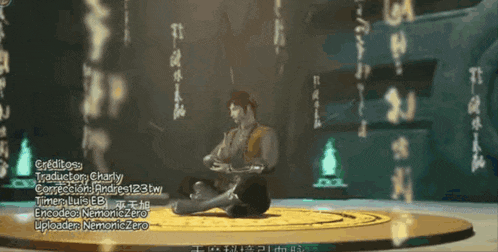 a man sits in a lotus position in a video game with credits written on the bottom