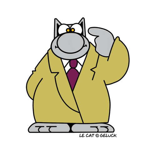 a cartoon cat is wearing a yellow suit and tie and says le cat gelluck on the bottom