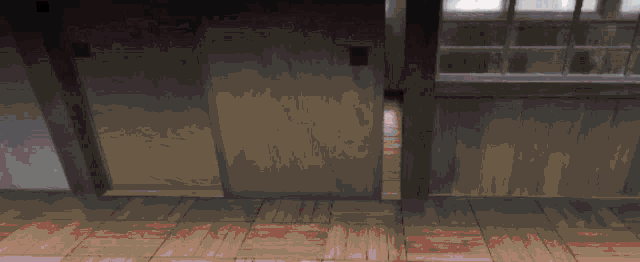 a dark room with a wooden floor and a wooden door
