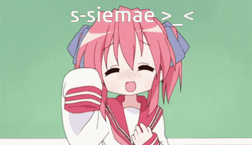 a cartoon girl with pink hair is smiling and says s-siemae