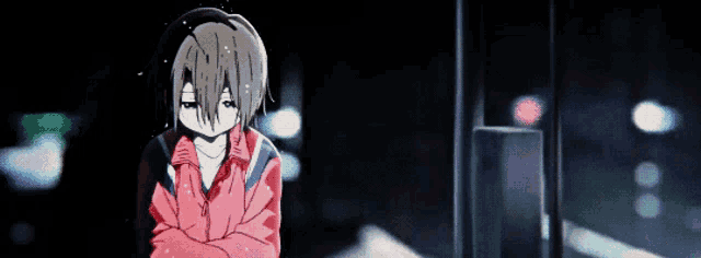 a girl in a red jacket is standing with her arms crossed