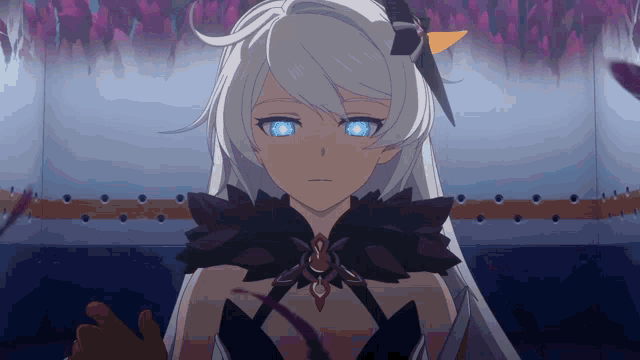 a girl with white hair and blue eyes is wearing a black feathered cape