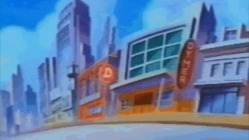 a cartoon character is driving down a street in front of a building that has the word oyster on it