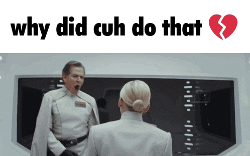 a man and a woman standing next to each other with the words " why did cuh do that "
