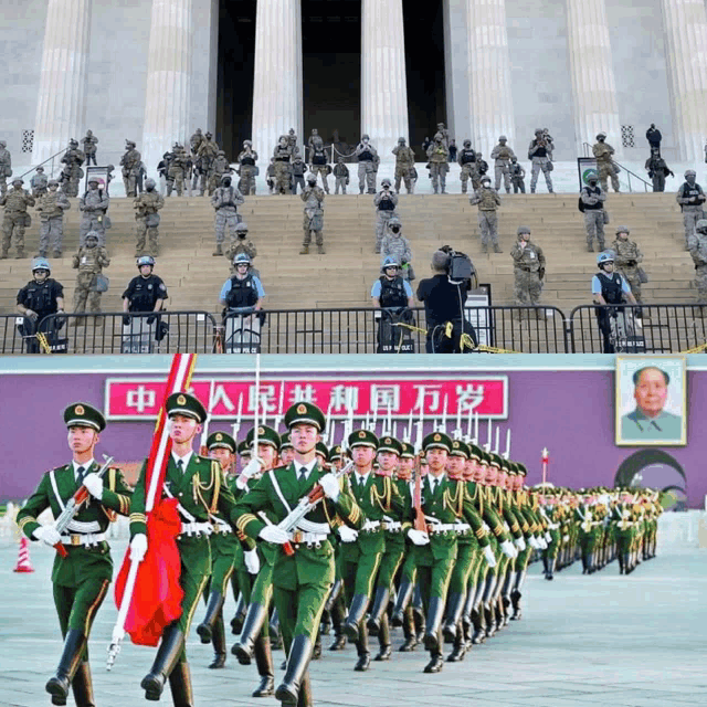 a group of soldiers marching in front of a building with chinese writing