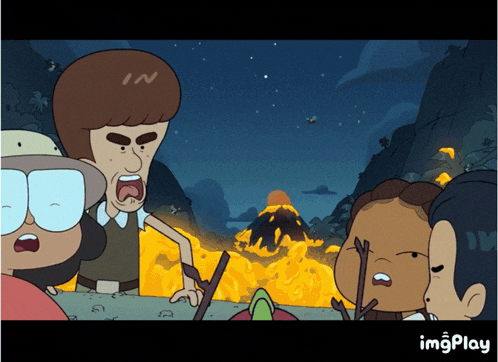 a group of cartoon characters are standing in front of a volcano in a scene from an animated series called imgplay