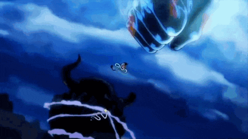 a person is flying through the air in a blue sky while a monster is tied to a rope .