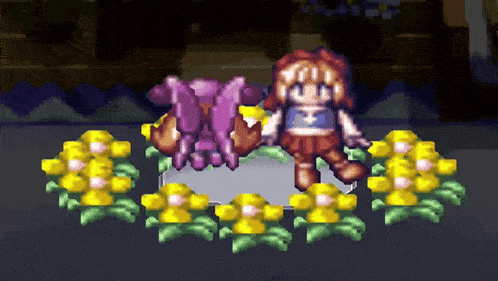 a pixel art drawing of a girl standing next to a purple monster and yellow flowers