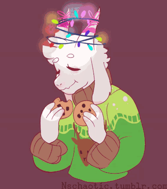 a drawing of a goat wearing a green sweater and holding two cookies