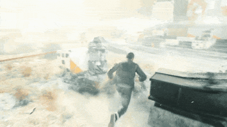 a man is running in a video game with a coffin in the background
