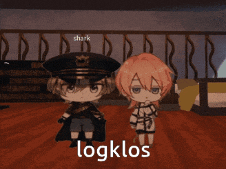 a couple of anime characters standing next to each other with the words logklos on the bottom right