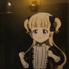 a little girl with blonde hair and blue eyes is standing in a dark room with a lamp .