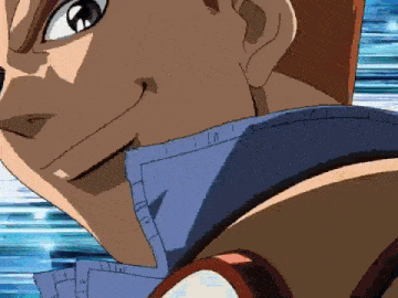 a close up of a cartoon character 's face with a blue shirt