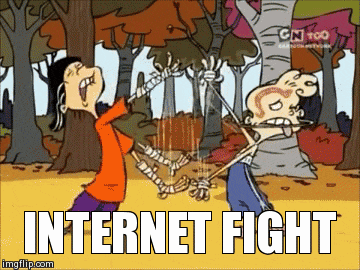 two cartoon characters are fighting in a forest with the words internet fight below them