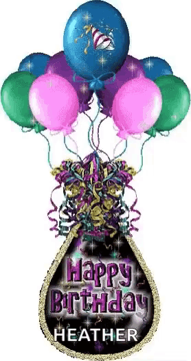 a happy birthday greeting card for heather with balloons