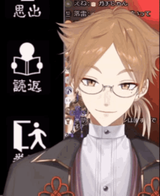 a man with glasses and a ponytail is smiling in front of a black background