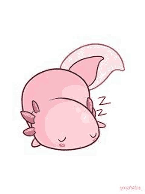 a pink axolotl is sleeping on a white surface .