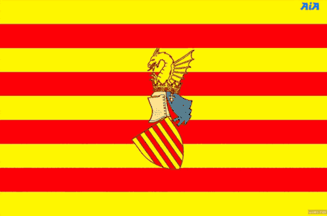 a drawing of a dragon on a yellow and red striped background with a blue border