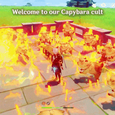 a video game says welcome to our capybara cult on the bottom