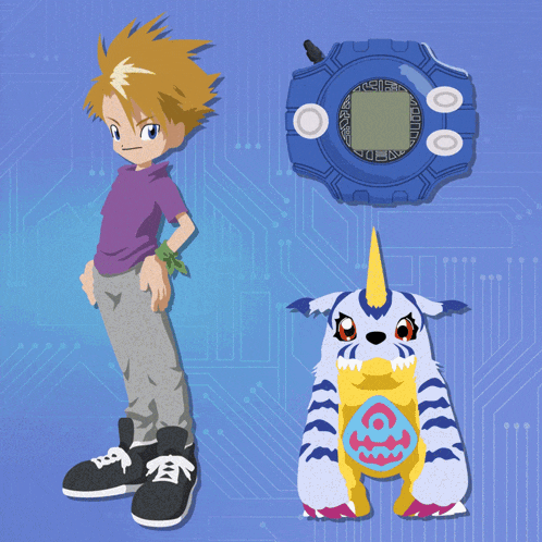 a boy standing next to a cartoon character and a device that says ' digimon ' on it