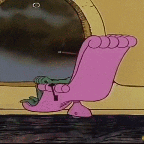 a cartoon character sits in a pink chair in front of a window .