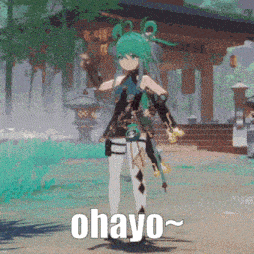 a video game character with green hair is standing in front of a building and says ohayo ~