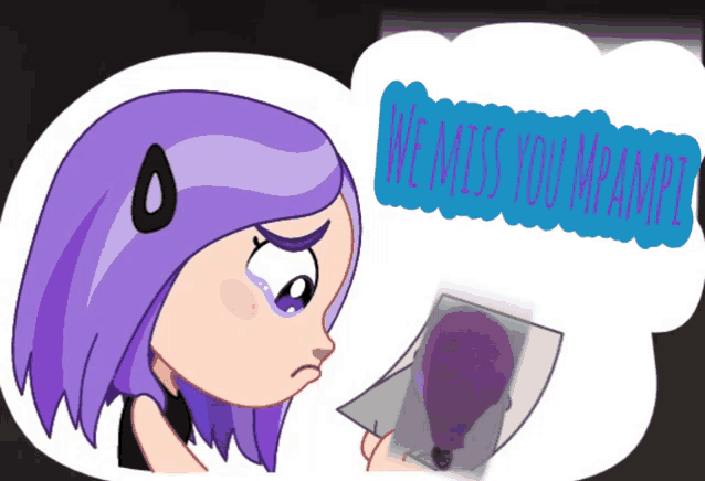 a girl with purple hair is looking at a picture with the words we miss you mr. apple