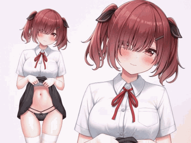 a girl with red hair and pigtails is wearing a white shirt and black underwear