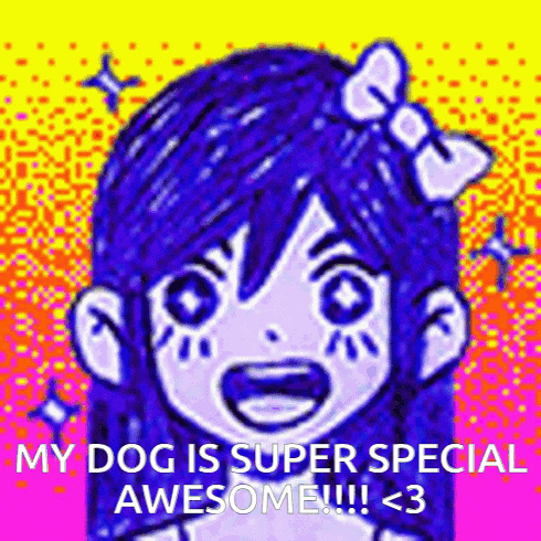 a girl with blue hair and a bow on her head is smiling and saying `` my dog is super special awesome !!! < 3 '' .