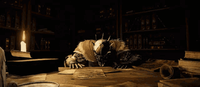 a monster is crawling on a table in a library
