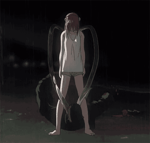 a girl with red hair is holding two knives in her hands